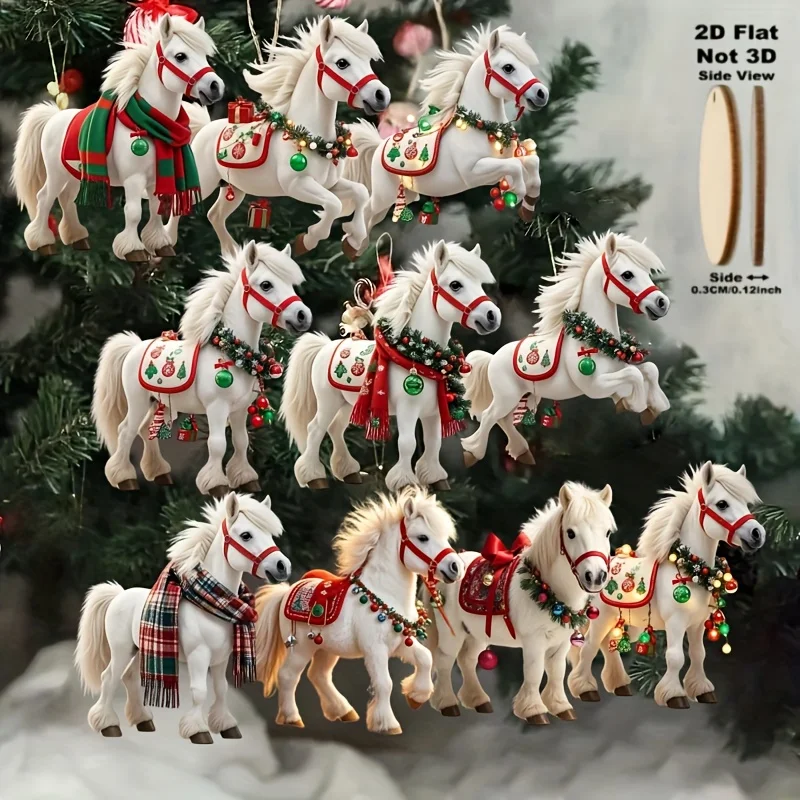 10 Stück elegante weiße Pferde-2D-Holzdekorationen zum Aufhängen an Weihnachtsbäumen als Weihnachtsdekorationen, Weihnachtsfeier, beste Geschenke
