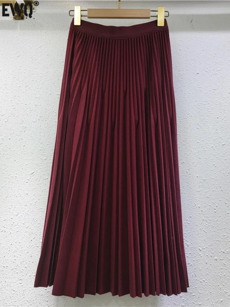 [EWQ] Fashion Casual Red Woolen Skirts Elastic High Waist All-match Loose Pleated Long Skirt Women 2024 Winter New Tide 16O3816