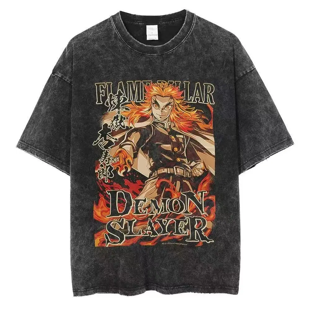 Washed to make old American Ghost Blade anime ukiyo-e summer retro t-shirt street trendy round neck short sleeved t-shirt