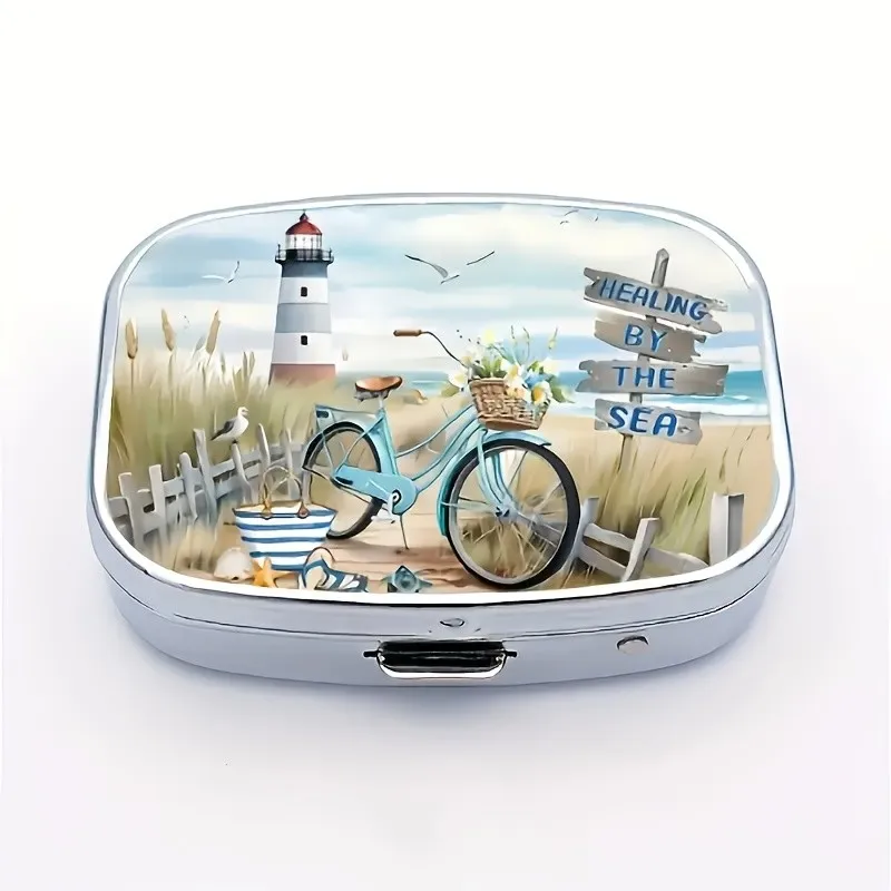 [Portable Decorative Organizer] A  Flat-Printed Storage Box Featuring a Bicycle, Lighthouse, and Seaside Scenery. This Dual-Compartment, Portable Pocket-Sized Decorative Organizer Can Be Used as a Travel Vitamin Case or Wallet. A Fashionable Accessory for