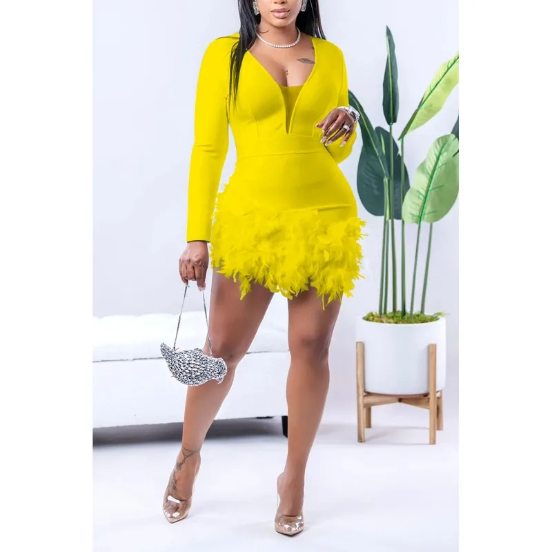 

Feathers Hem Solid Mini Club Party Dress Women Sexy Mesh Patchwork V Neck Full Sleeve Bodycon Birthday Outfits Casual Clothing