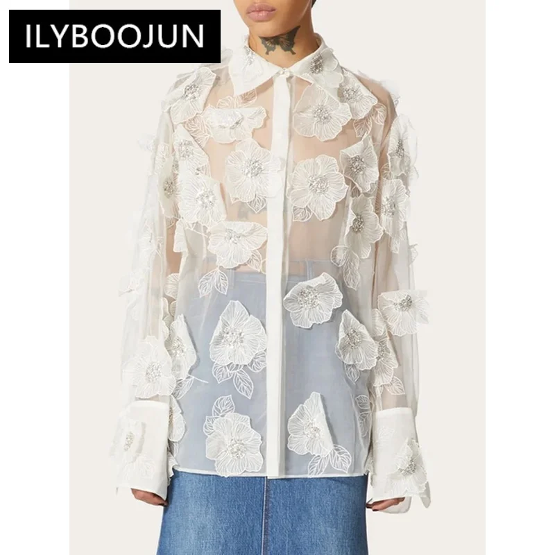 Patchwork Appliques Solid Casual Blouses For Women Lapel Long Sleeve Spliced Sheer Mesh Temperament Loose Shirts Female New