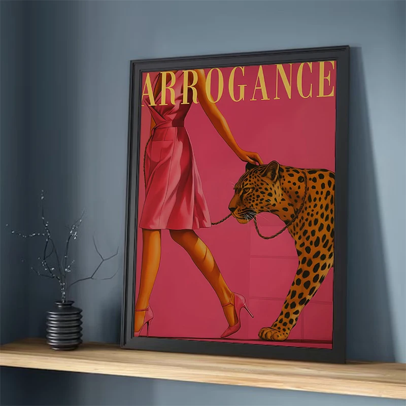 

Vintage Woman Walking a Tiger Poster Women Fashion Magazine Wall Art Feminist Print Retro Arrogance Poster Pink Decor
