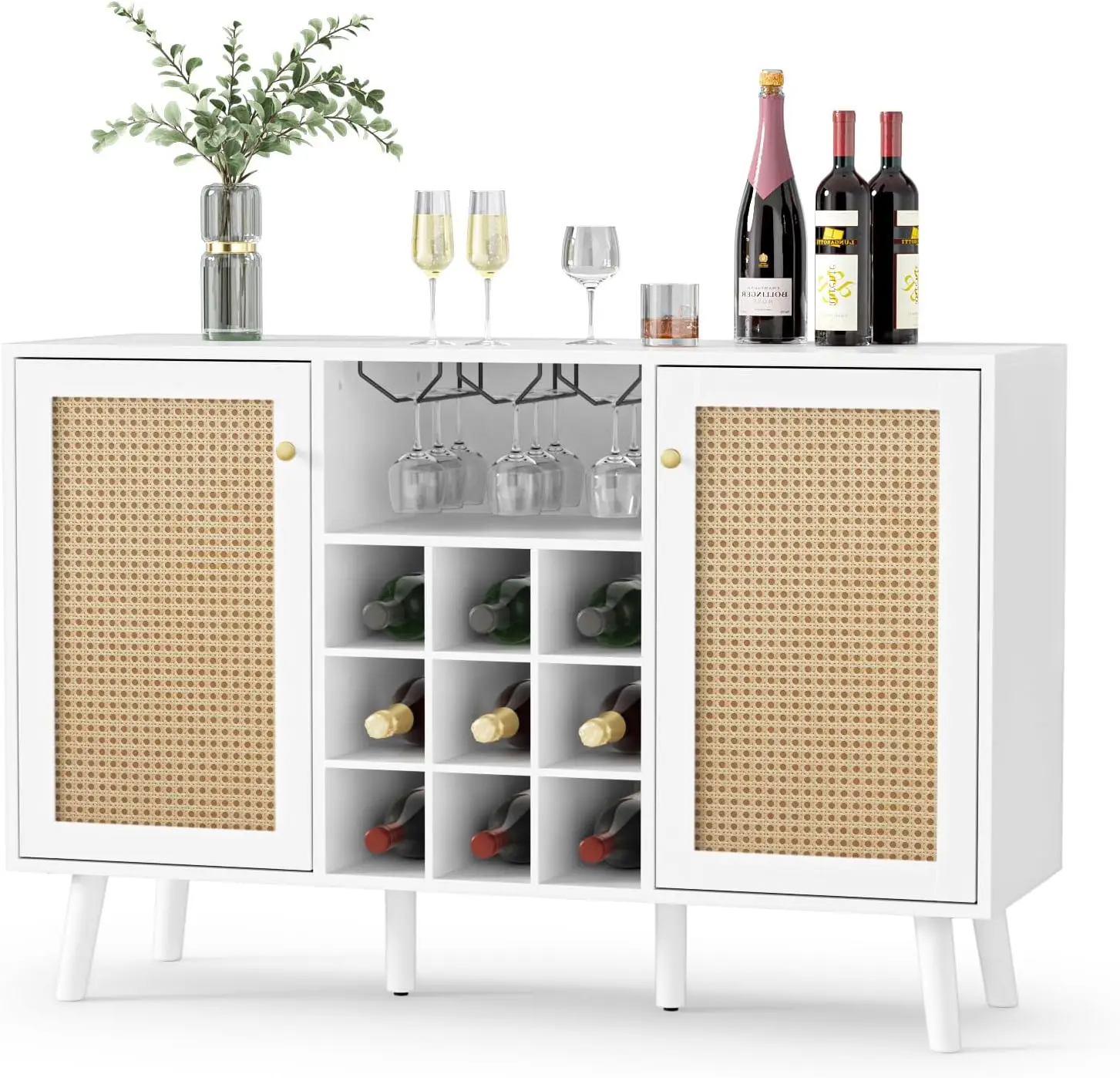 Freestanding Wine Bar Cabinet with Glass Holder and Adjustable Shelves Modern 2-Door Farmhouse Sideboard Buffet Storage White