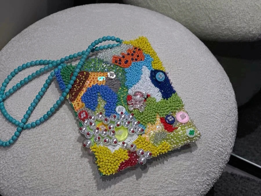 

Spring Summer een Bear Handmade DIY Woven Bead Embroidery Material Bag Soft Canvas oulder Bag for Women Faionable Neutr...