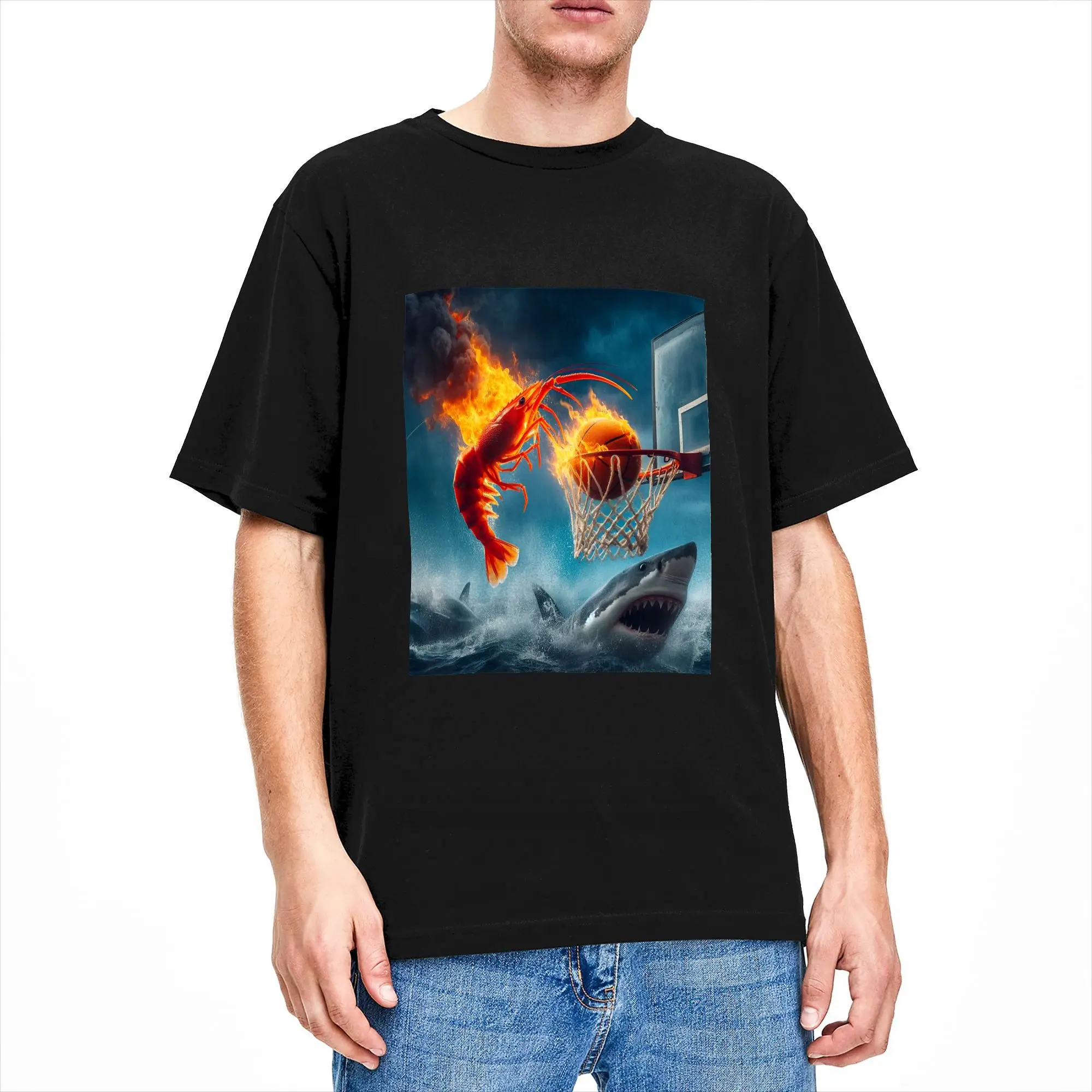 Streetwear T Shirt Beach Shrimp Dunking on Shark Funny Fishing Meme Hippie T-Shirts  Pure Cotton Tshirt for Men Awesome Top Tees