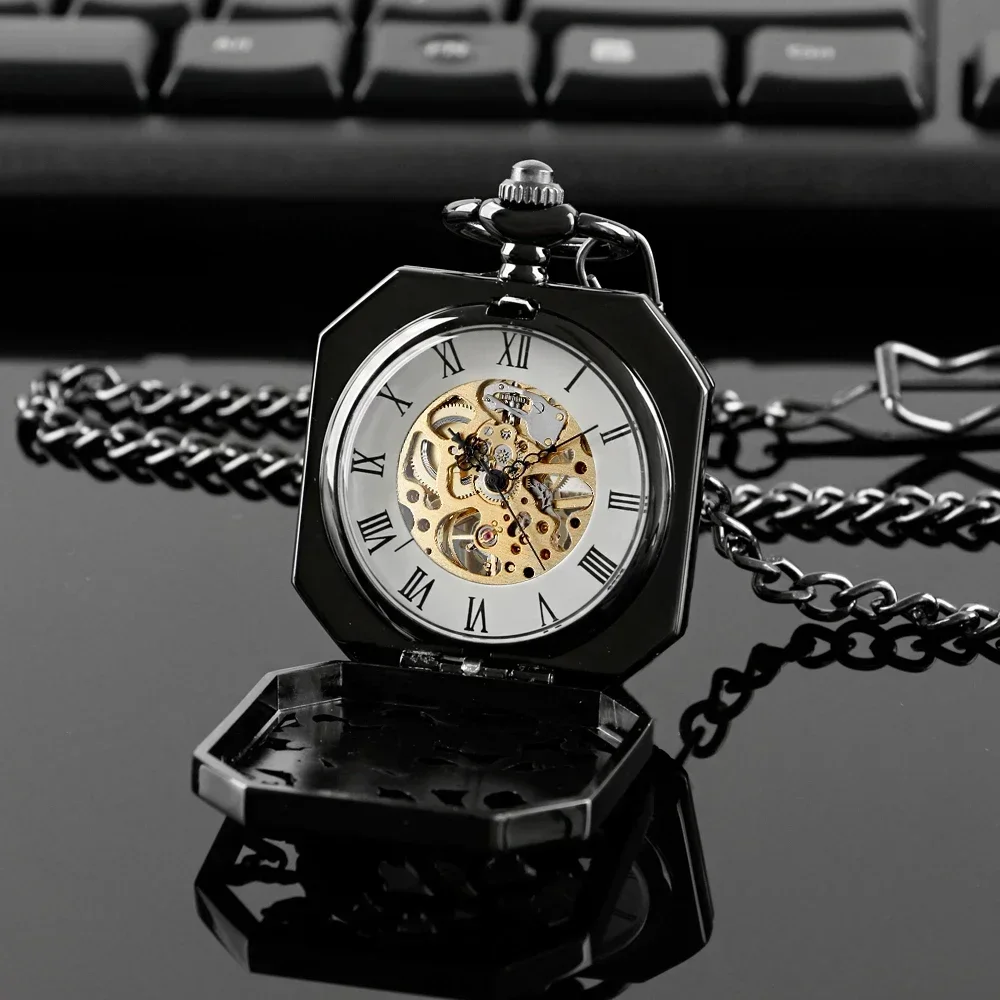 Vintage Black Square Open Face Mechanical Hand Winding Pocket Watch Gentleman Pocket Timepiece Pendant Chain Men Jewelry Gift