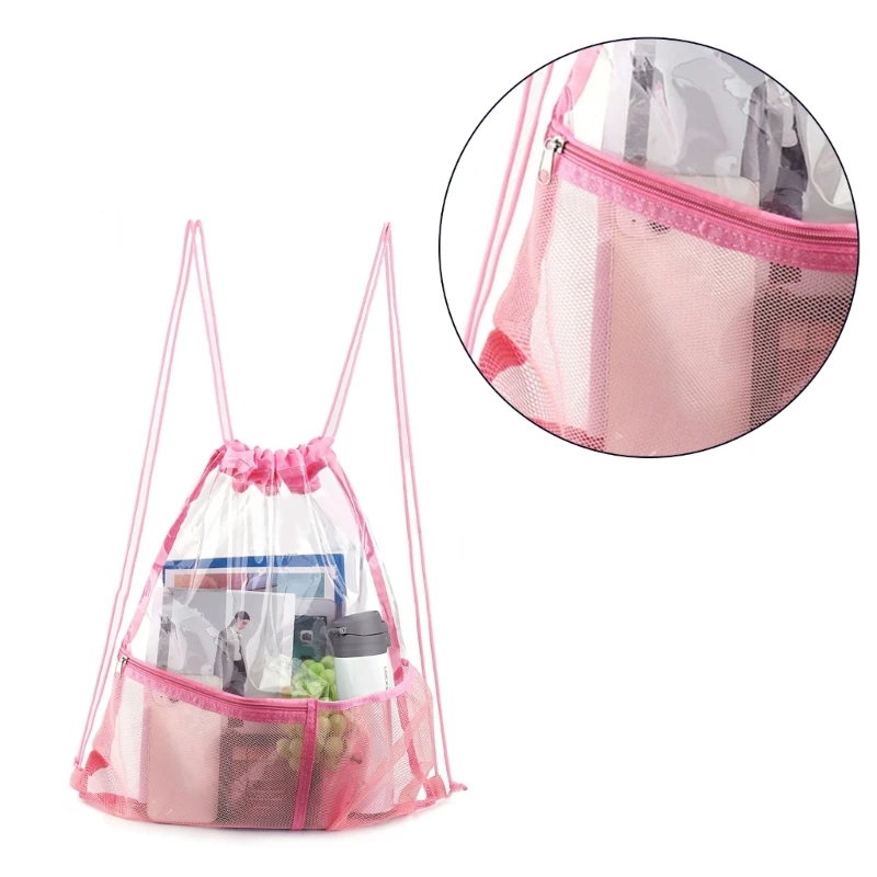 Travel Beach Bag Drawstring Gym Bag with Front Mesh Pocket Clear Gym Bag Waterproof Sports Backpack for Swimming Travel