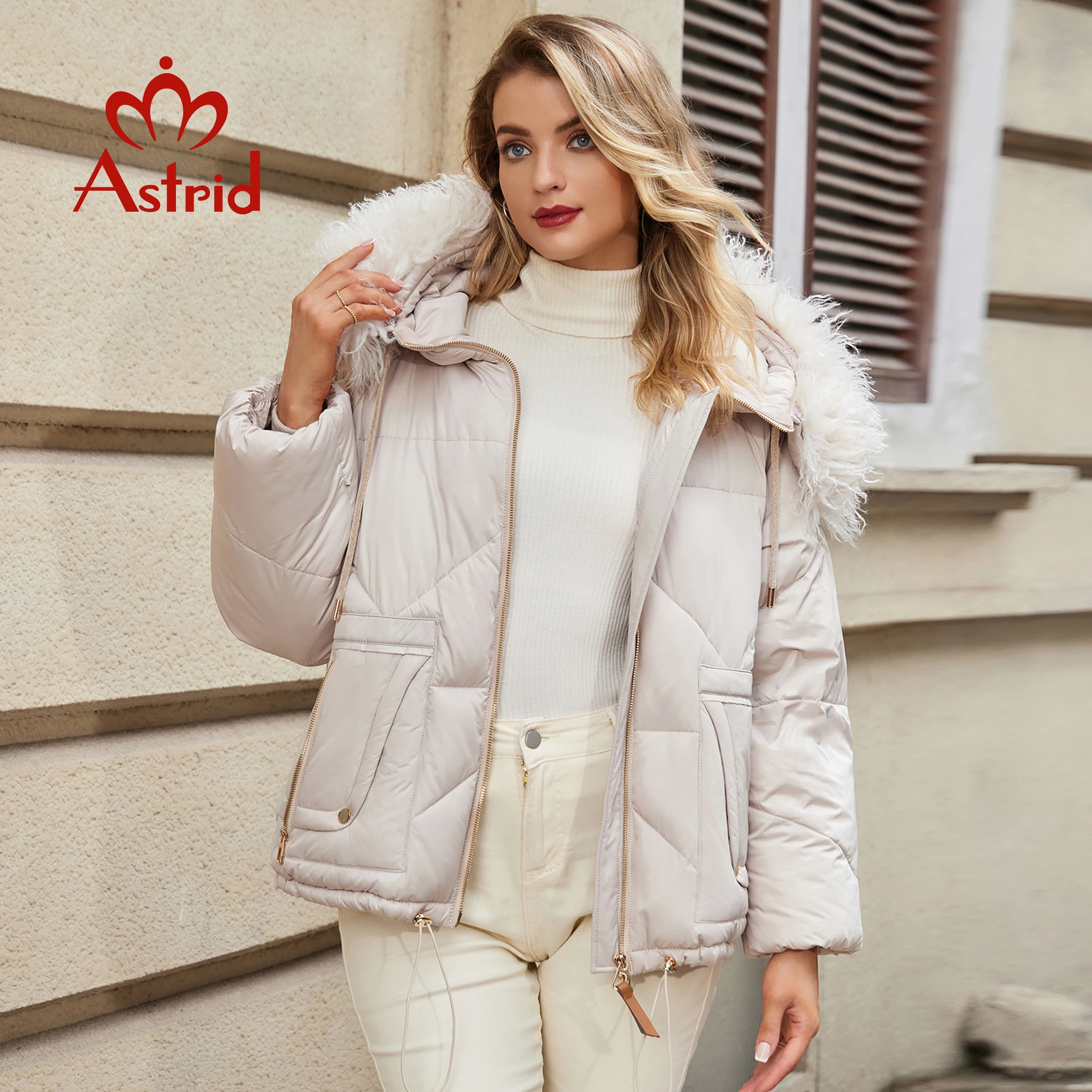 Astrid Winter Women Parka Big Fur Collar Hood Belt Thick Warm Cotton Overcoat Down Jacket Quilted Coat Female Clothing ZR-30169