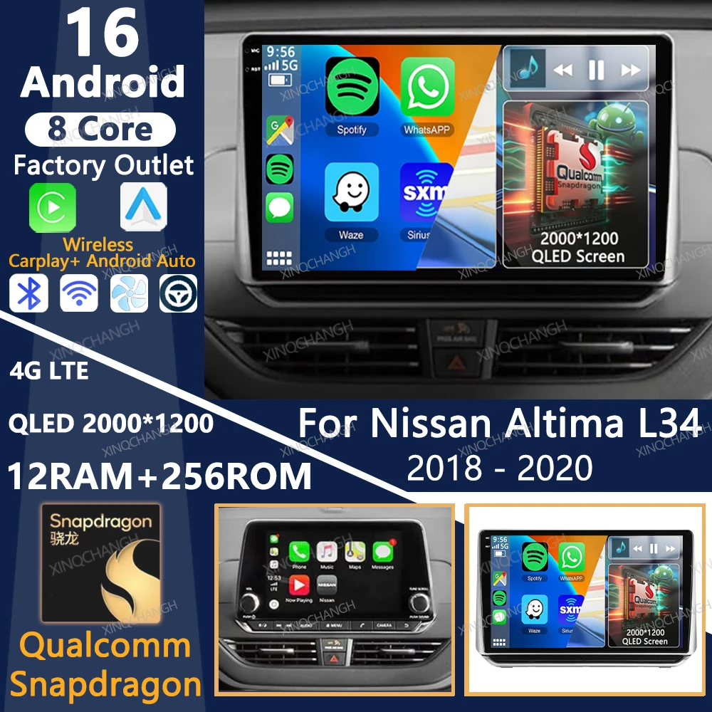 Radio para Auto Android 16 para Nissan Altima L34 2018 2019 2020, Reproductor Multimedia Estéreo, Reproductor de Video, BT, 4G LTE, 5G WIFI, 2DIN, GPS, Carplay, Auto