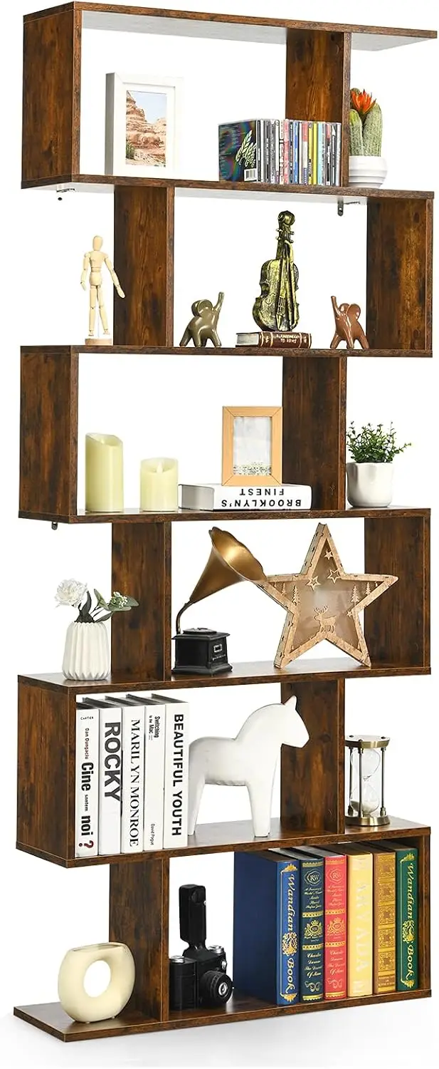 6 Tier S Shaped Bookshelf, 31.5''L x 9''W x 75''H, Wooden Bookcase and Bookshelves w/Anti-Toppling Device, Room Divider