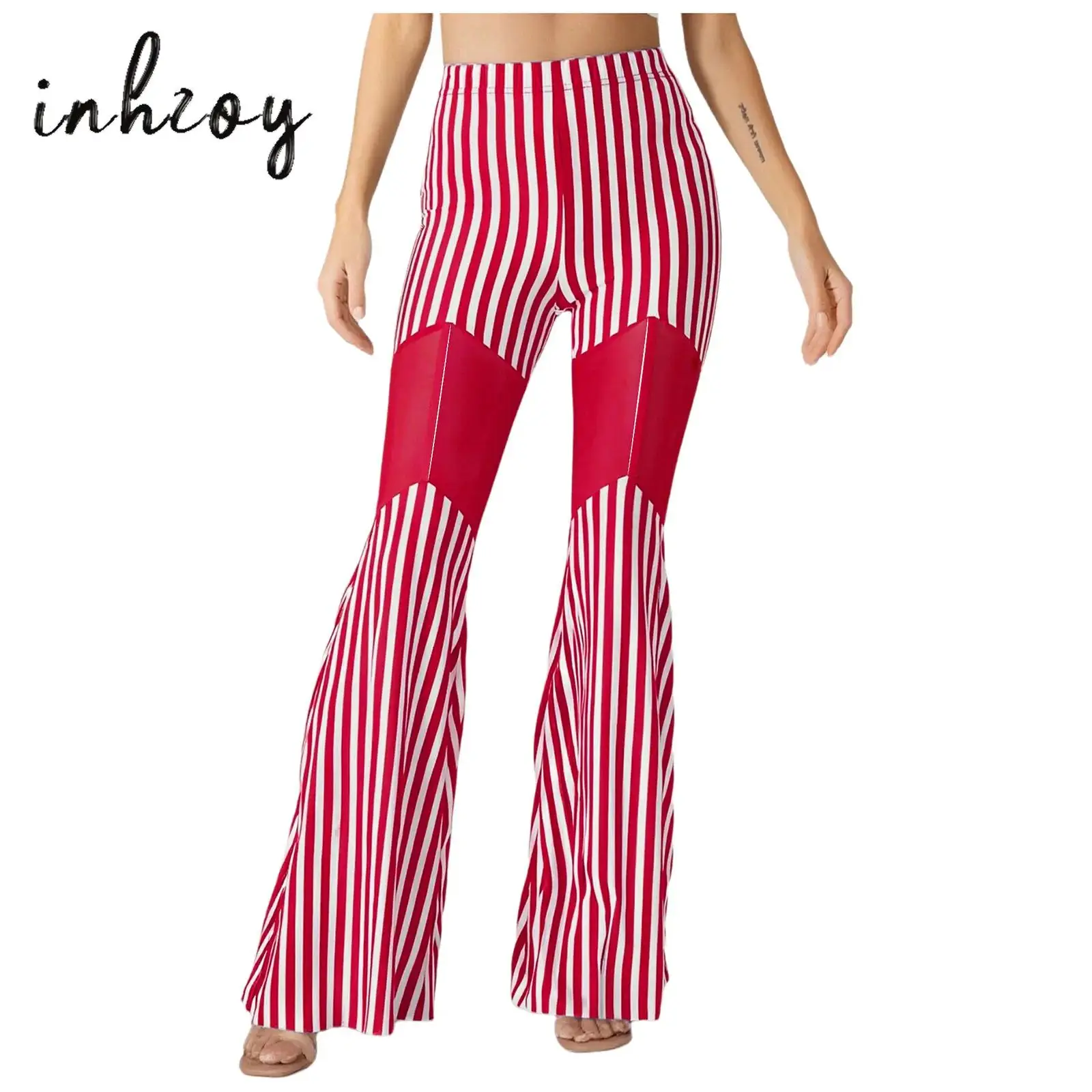 

Womens Belly Dance Pants Clubwear Sheer Mesh Patchwork Bell Bottom Pants Trouser for Halloween Circus Clown Cosplay Indian Dance