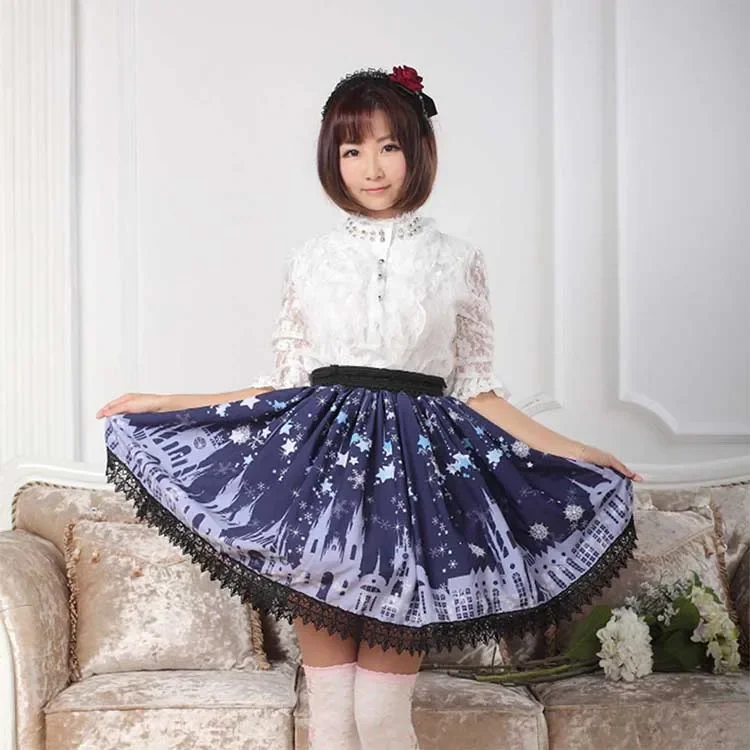 

Sweet Dark Blue Church Printed Pleated A Line Skirt with Lace Trims