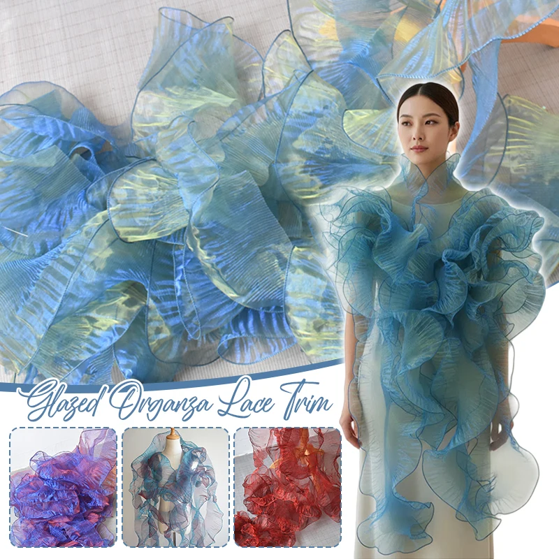 

50x13cm Dream Color Organza Fabric Gradient Big Wave Pleated Lace Trim for Wedding Dress Fashion Show Designer Sewing Accessorie