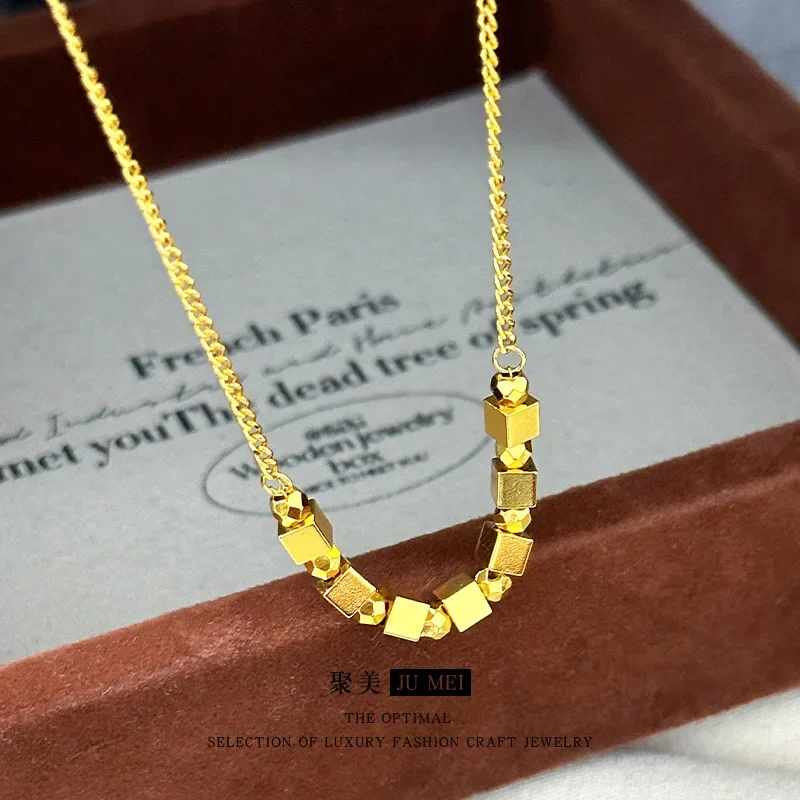 VivoGoldNew clavicle chain 24K flashing small square necklace 9999 Real gold women's ins cold and simple light luxury design nec