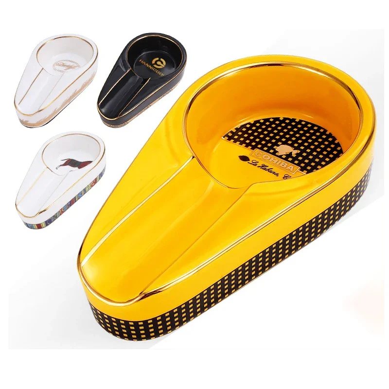 Yellow Ceramic Cigar Ashtray Portable Ashtray for COHIBA Cigar Single Cigar Holder Round Ash Slot Cigarette Ashtray Travel