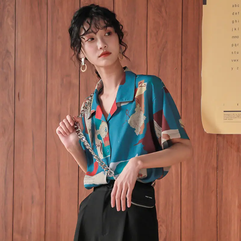 

Summer Casual Korean Fashion Loose Retro Fashion Printing Short Sleeve Youth Lively Bright Easy Close to the People Wild Wild