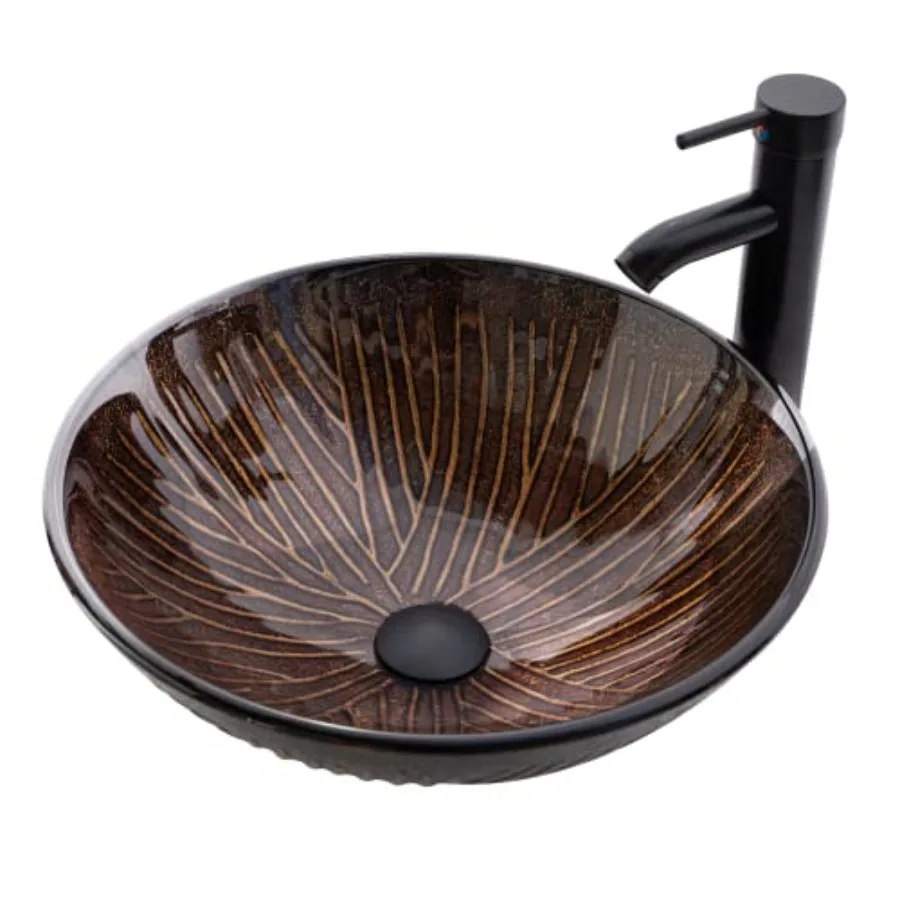 

Раковина-чаша Vessel Sink 16.5 для ванной комнаты, из закаленного стекла, коричневая, художественная, круглая, с узором «деревянные полосы», современная, для установки на столешницу, в комплекте с смесителем