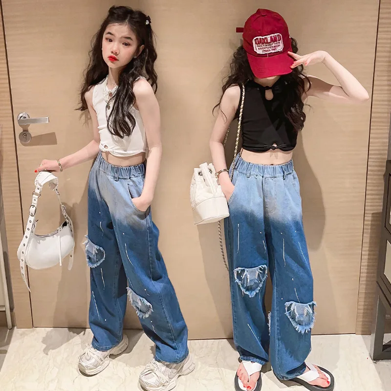 

Summer Teenages Girls Clothes Sets Vintage Short Top Tee+Wide Leg Jeans 2pc Kids Girl Clothing Suit Infantil Outfit 8 10 12 14Y