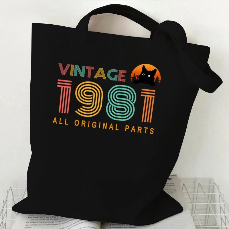 Lines 1982 Vintage Design Canvas Shopping Bag Women Vintage 1982 Tote Bags Gift for Women Funny Cats Retro Folding Travel Bags