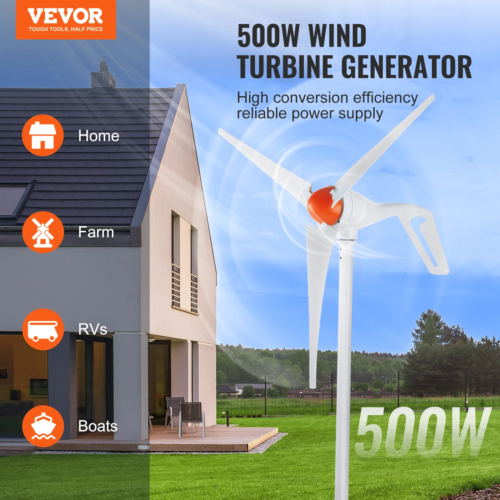 Imagem -02 - Vevor-kit Gerador de Turbina Eólica com Controlador Mppt Gerador de Energia Eólica de Lâminas 500w 24v 2.5 m s