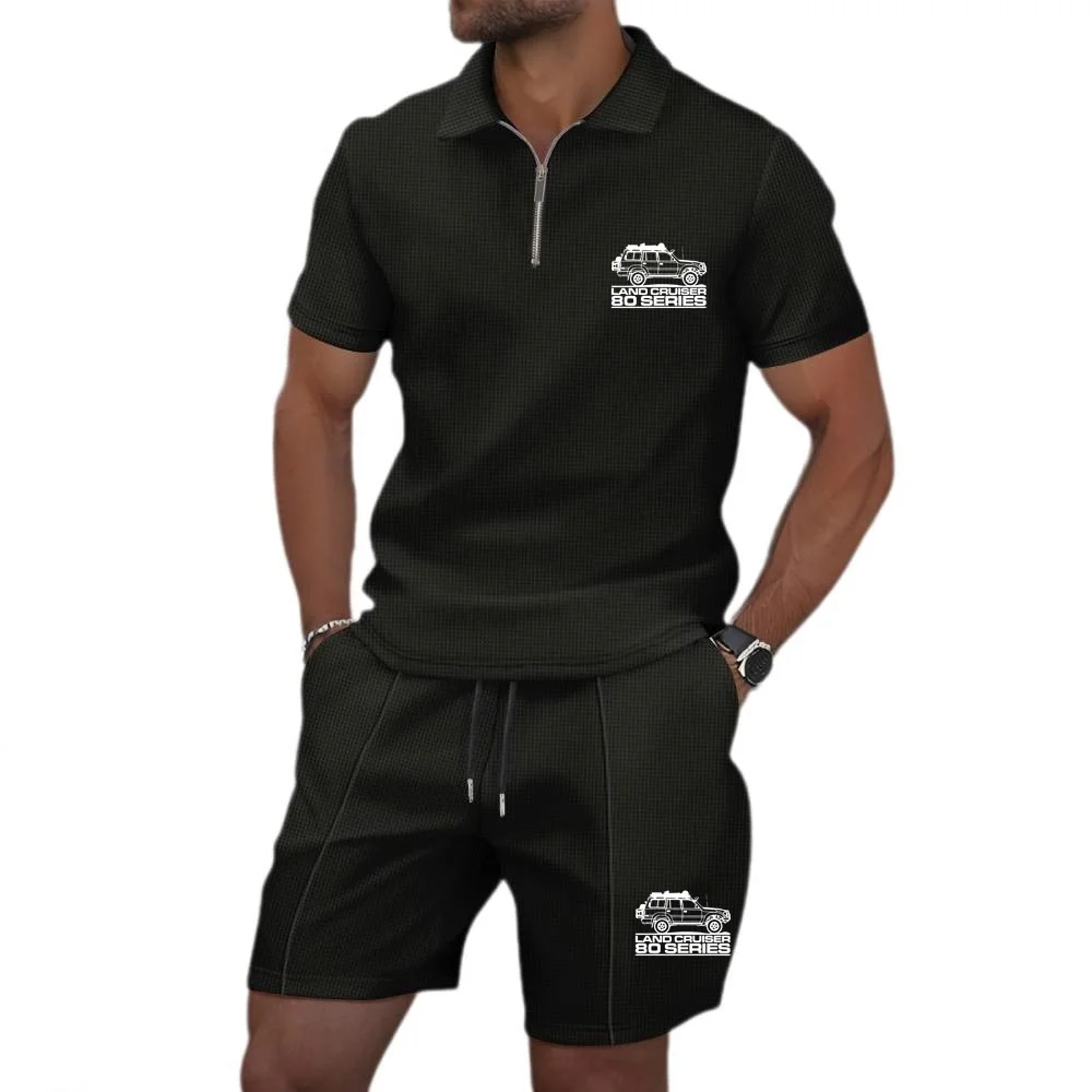 New Cruiser 80 Series Car Summer Youth Polo Suit Waffle Short Sleeved Shirt & Shorts Sets Men's Lapel Golf Sportwear 2pcs Top fo