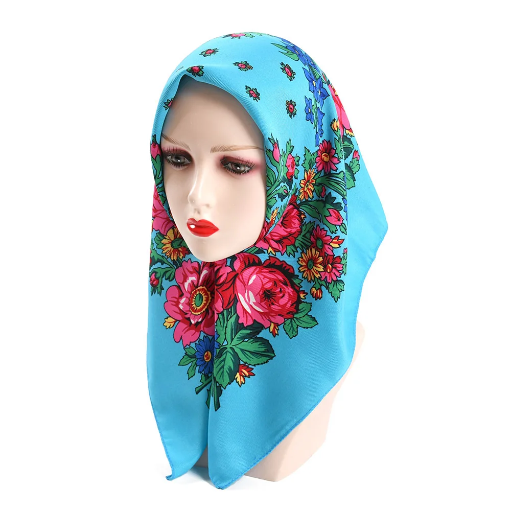 70*70cm Pastoral Style Women\'s Square Headband Scarf Luxury Floral Print Bandana Hijab Head Wraps Lady Hair Wraps