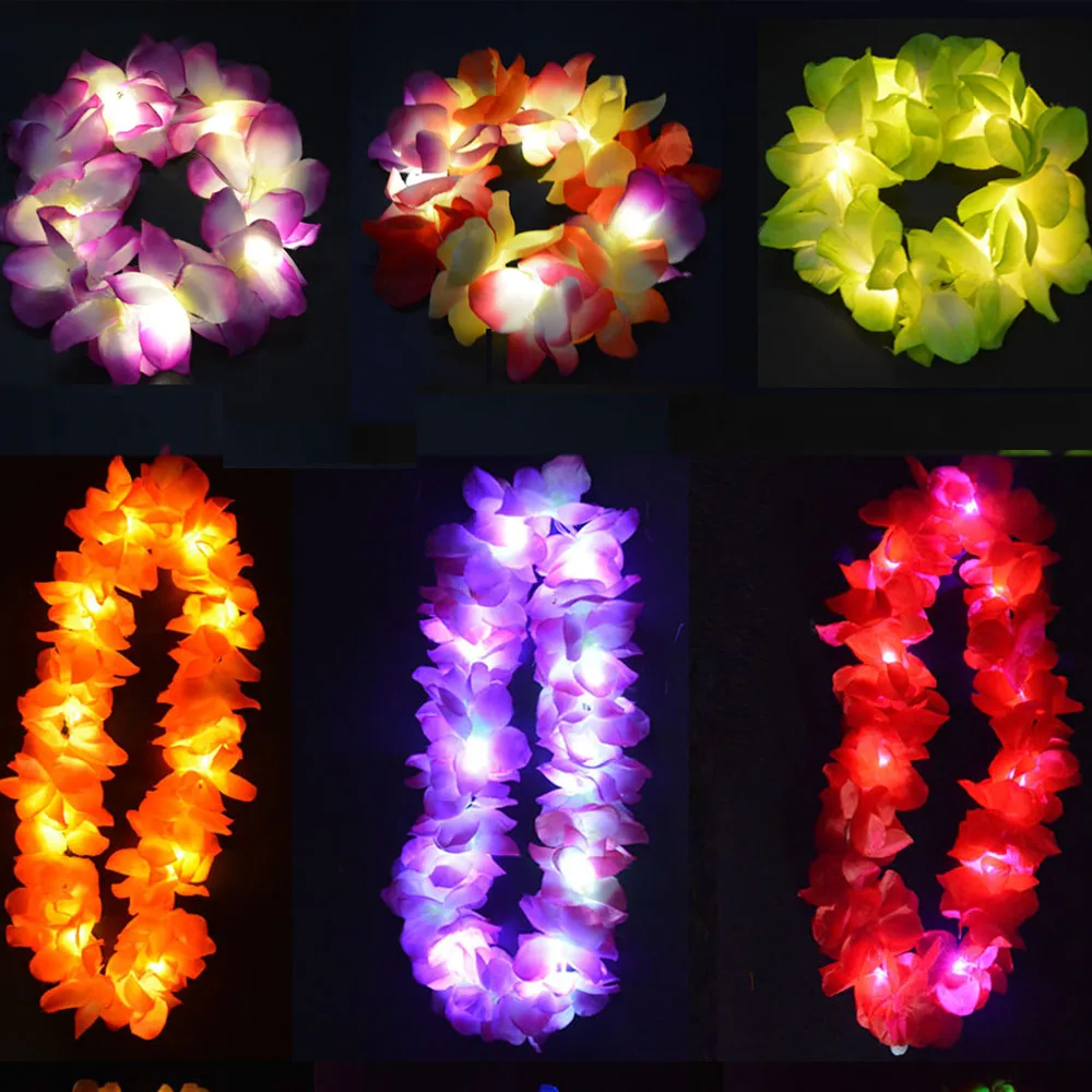 10pcs Light up Hawaiian Flower Necklaces Leis Luau Beach Hula Garland Hawaii  Holiday Birthday Gift Glow Party Wedding Festival