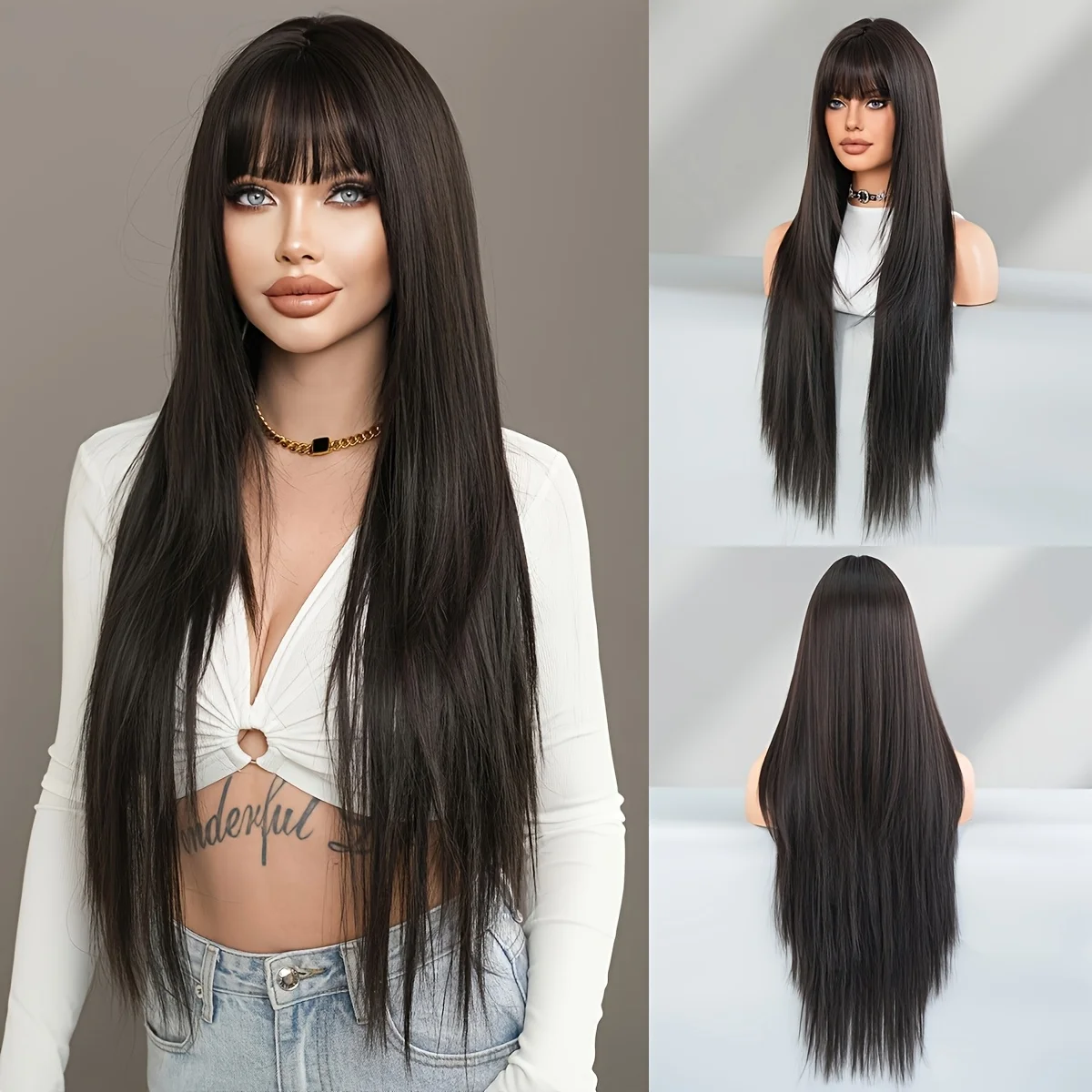 باروكة سوداء مستقيمة أنيقة بطول 8.99 سم مع غرة - جودة عالية، كثافة 150%، ألياف صناعية مقاومة للحرارة للنساء - ide