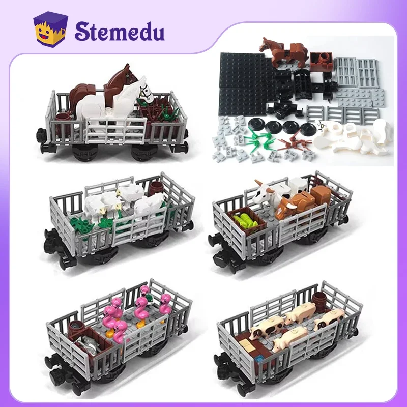 

MOC Train Transport Farm City Train combo Set Animal Farm Sheep Horse cattle pig Children's scene Assembling toy Gift DIY Bricks