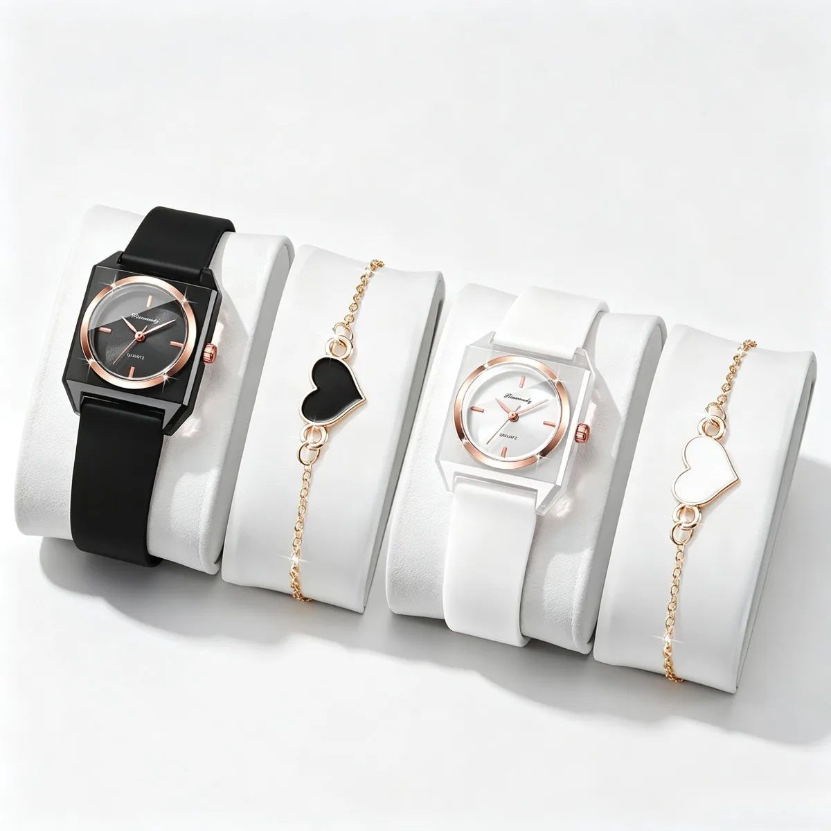 4PCS/Set Fashion Rectangle Women Watches Silicone Band Ladies Quartz Wristwatches Heart Bracelets Relogio Feminino(Without Box)
