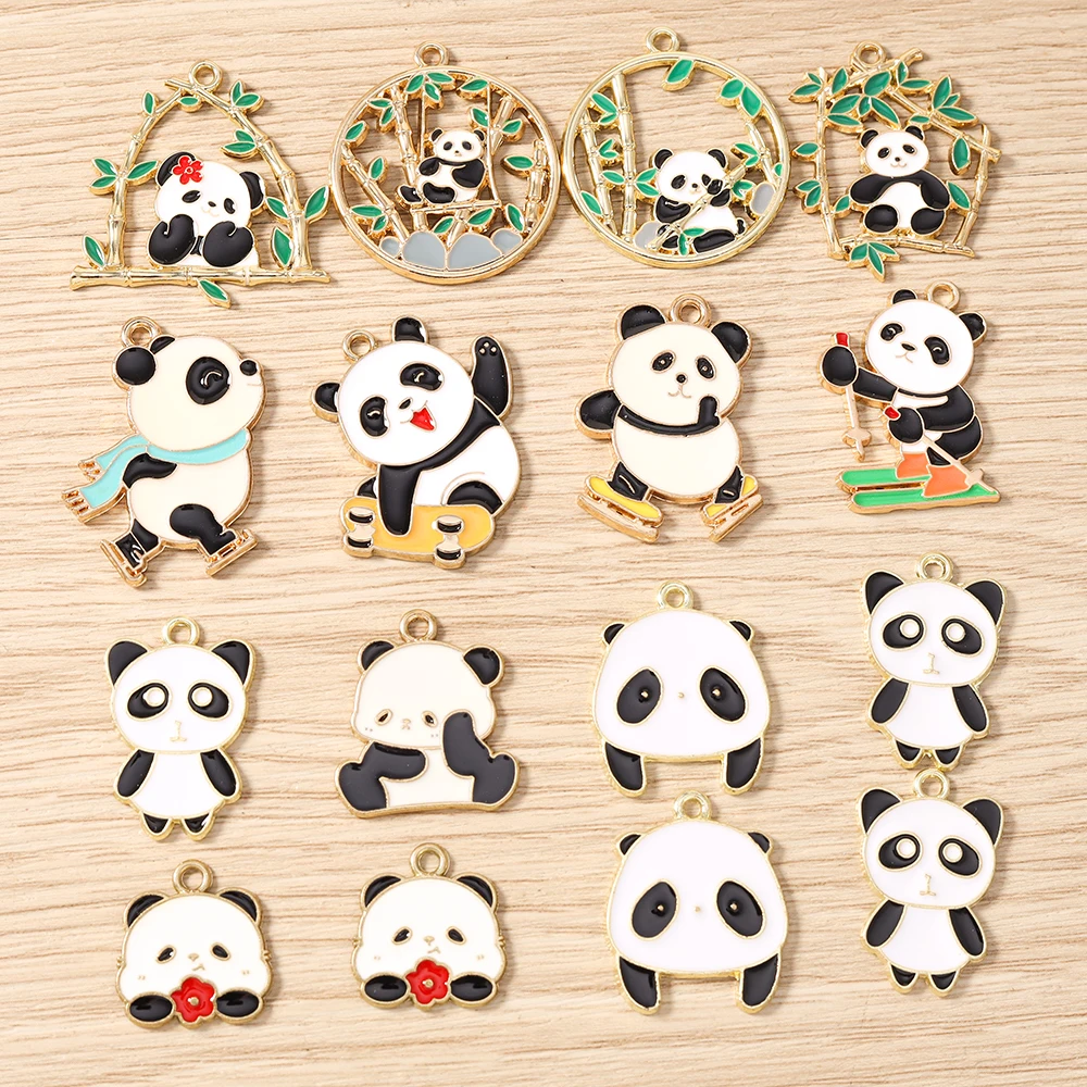 10 Stück gemischte Cartoon-Tieranhänger aus Emaille, Panda-Bambus-Anhänger für die Herstellung von Ohrringen, Halsketten, DIY-Bastelarbeiten, Schmuckzubehör – Detail 1