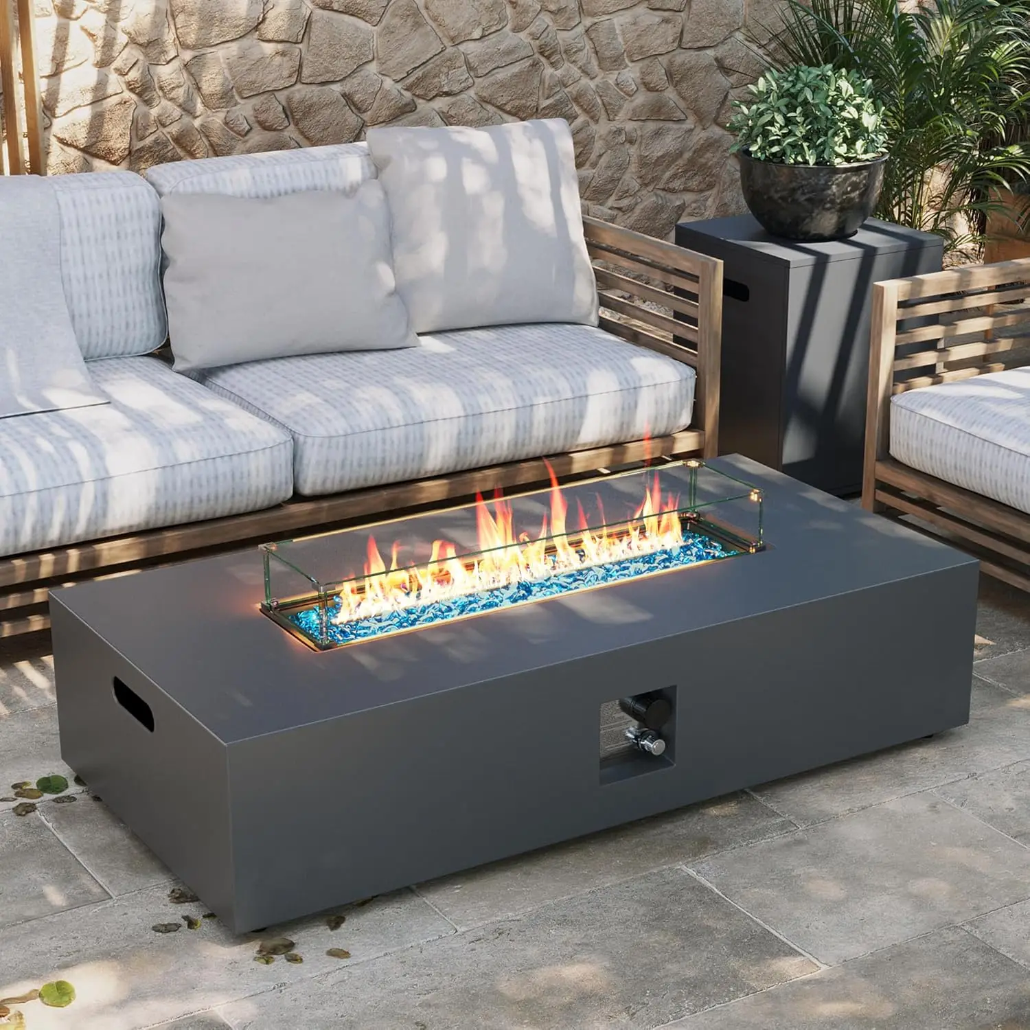 

50-inch Propane Gas Fire Pit Table 50000 BTU Iron Rectangle Patio Tank Hidden Wind Guard Lid Glass Rain Cover , Custom