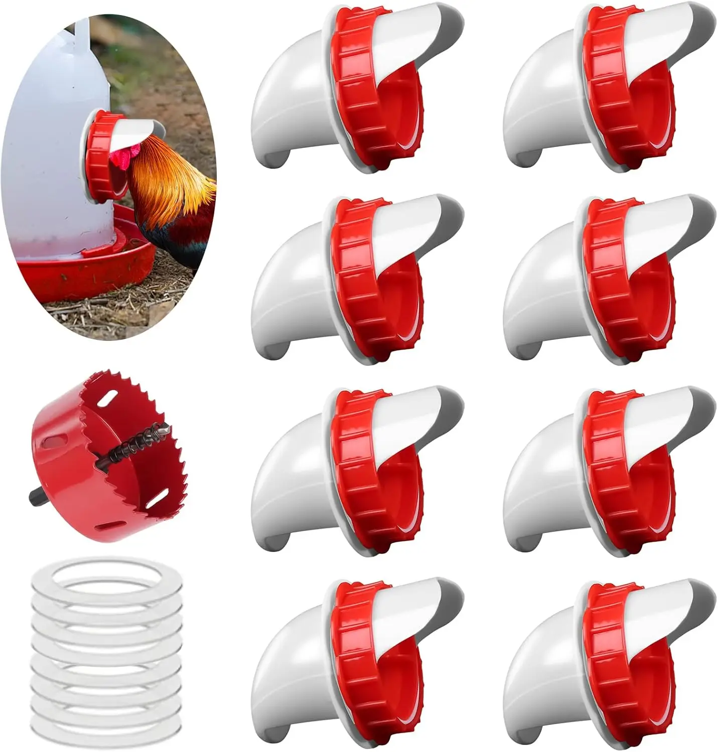 Comederos para pollos DIY, comederos para pollos sin residuos, alimentador automático para aves de corral, 8 puertos, sierra de 1 orificio, alimentador para pollitos por gravedad, a prueba de roedores y lluvia