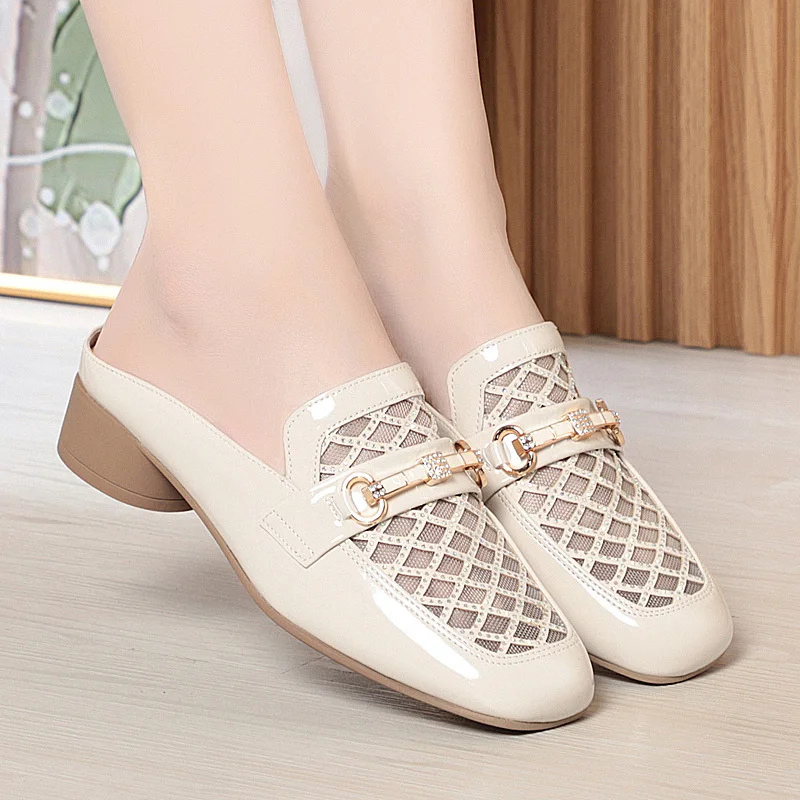 Lady Elegant Black Pu Soft Leather Spring Slip on Square Heel Shoes for Spring Summer Luxury Brand Hollow Breath Solid Shoes