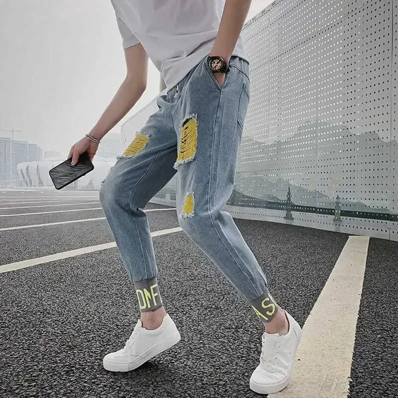 

Man Cowboy Pants Skinny Trousers Ripped Men's Jeans with Holes Broken Torn Tight Pipe Slim Fit Cropped New in Trend 2024 Washed