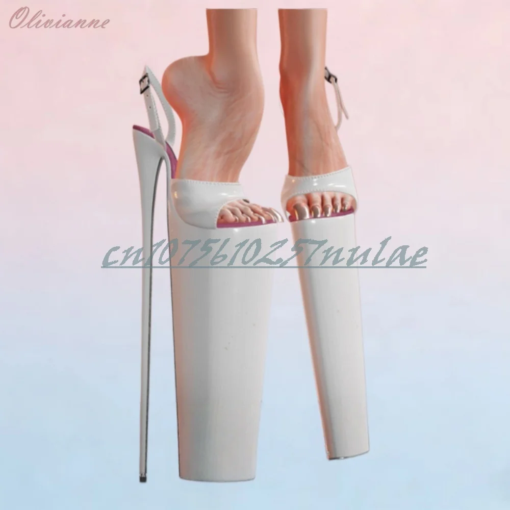 

40cm Super Stiletto High Heel Sexy Sandals White Patent Leather Peep Toe Hot Girls Fashion Women Shoes 2026 Women Dance Shoes