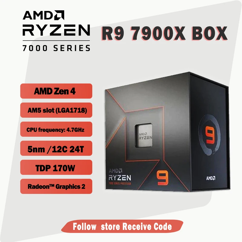 New AMD Ryzen 9 7900X R9 7900X BOX 100-100000589 4.7GHz 12-Core 24-Thread CPU Processo 5nm Zen4 170W  Socket AM5 LGA1718 No fan