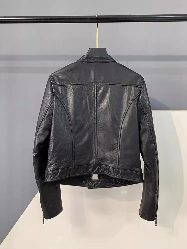 Herbst Fashion Echtes Leder Frauen Kurze Jacke Stehkragen Zipper Mantel Top Arbeit Dame Slim Fit Jacken Casual Schwarz Oberbekleidung
