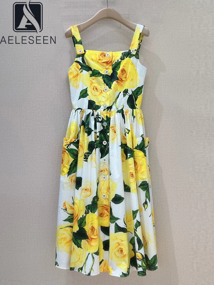 

AELESEEN 100% Cotton Summer Dress Women Siclian Design Fashion Spaghetti Strap Single-breasted Yellow Rose Print Pocket Party