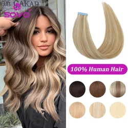 SOVO Tape in Hair Extensions 100% Remy Human Hair 20 Inch  20pcs  Balayage Skin Weft Tape in Extensions  12-26 inch