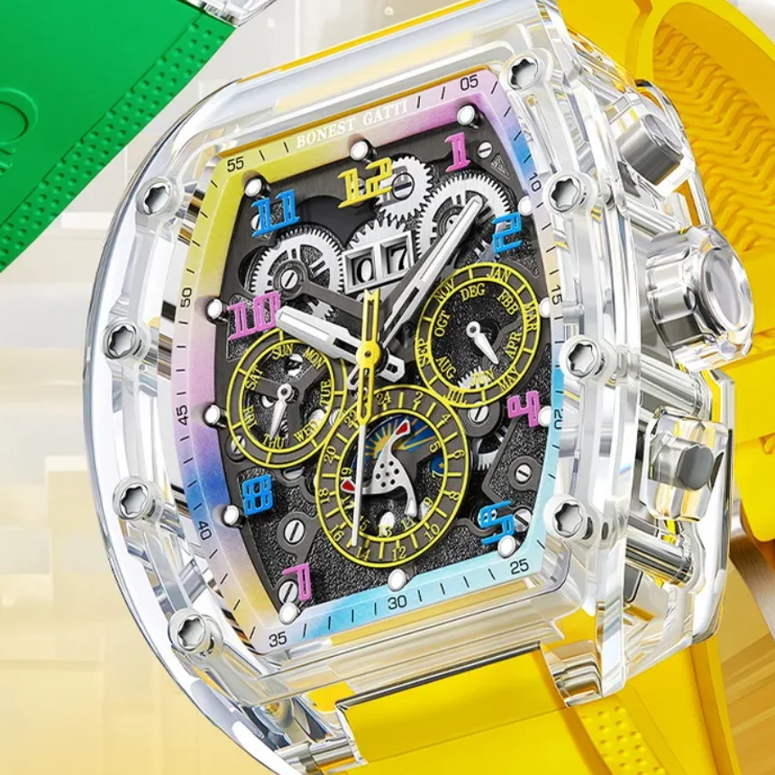 

BONEST GATTI Men Automatic Watch Tonneau Mechanical Wristwatch Acrylic Case Luminous Sapphire Mirror Month Week Date 24 Hours
