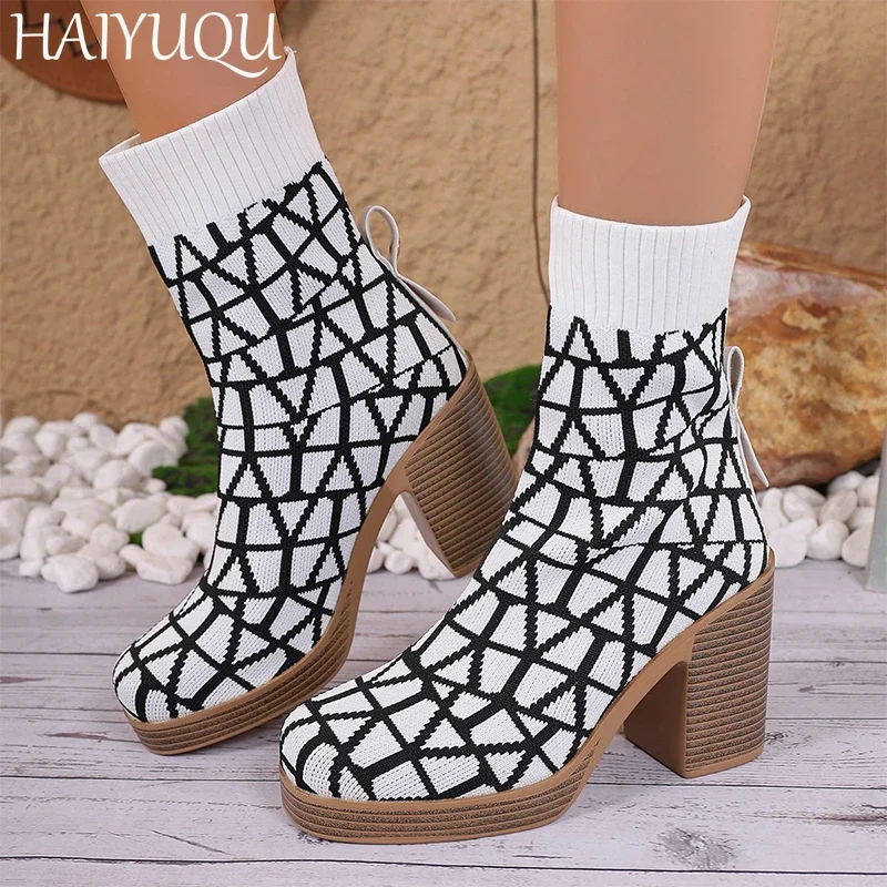 Women Knitting Sock Boots Elegant High Heels Shoes Woman 2025 Trend Fashion Winter Dress New Snow Pumps Ankle Boots Mujer Botas