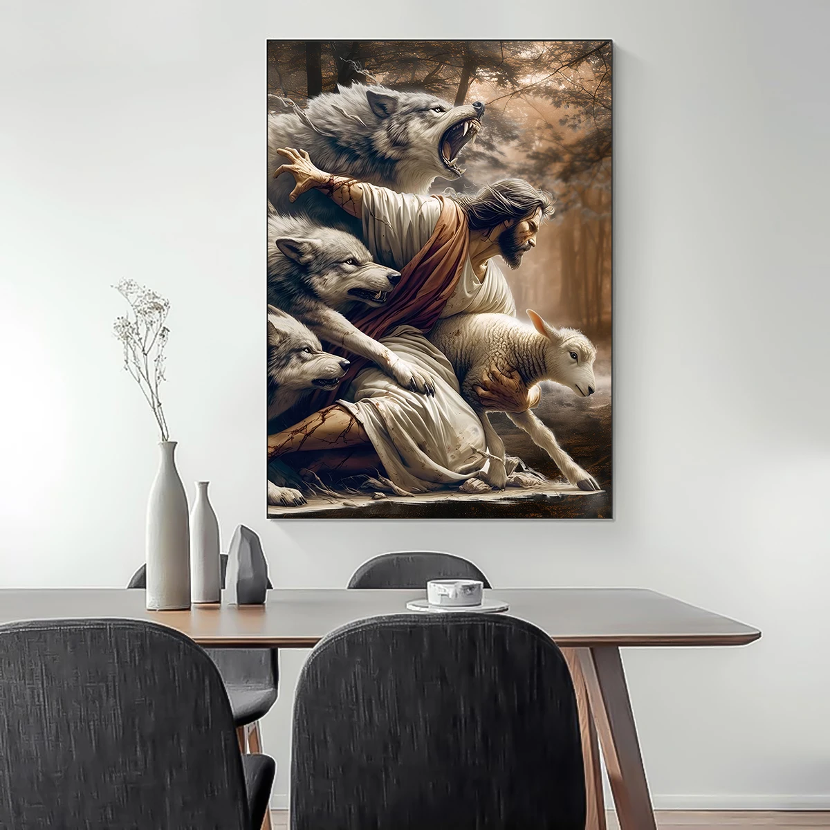 1PCS Frameless Jesus Christ Protect Flock Canvas Print Poster Vintage Wolf Sheep Art Prints Living Room Bedroom Wall Art Home De - view 4