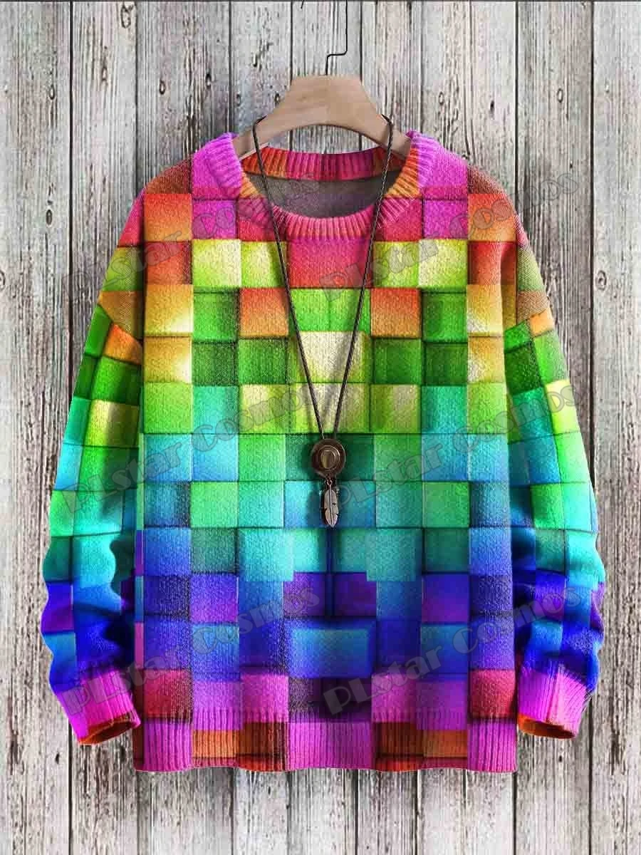 Winter Unisex Casual Knit Pullover Sweater Vintage Geometry Art Pattern 3D Printed Fashion Crewneck Knitted Sweaters KMY38