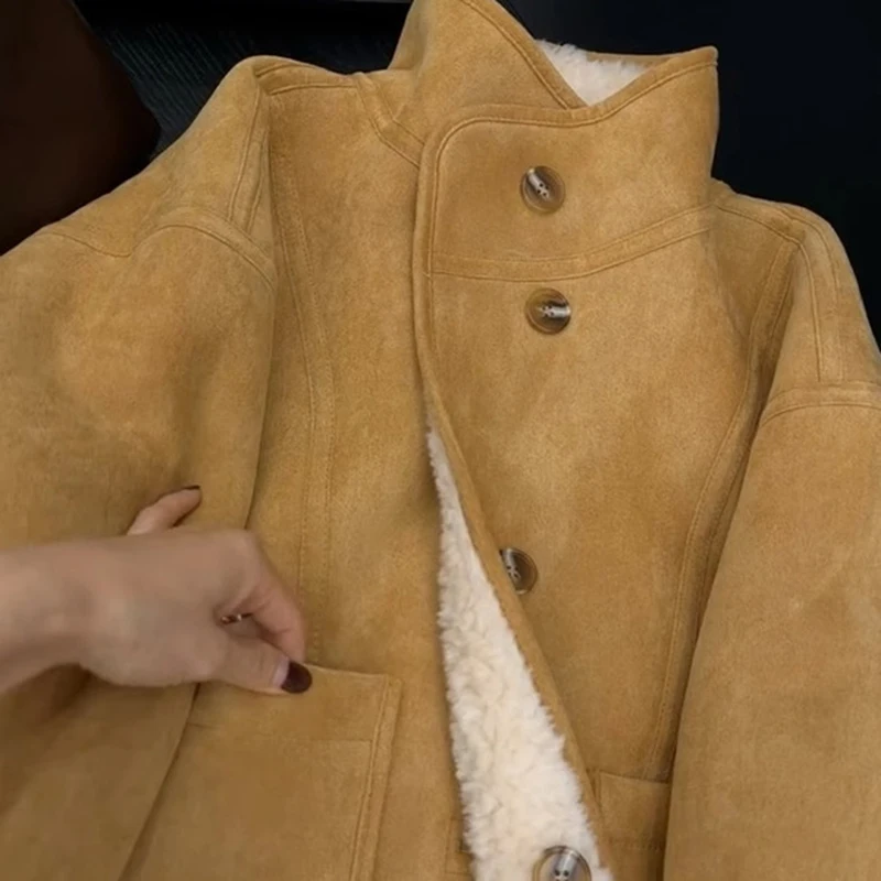 MEXZT Cropped Lamb Wool Coat Women Vintage Pockets Patchwork Faux Fur Jacket Winter Ladies Korean Long Sleeve Short Outerwears