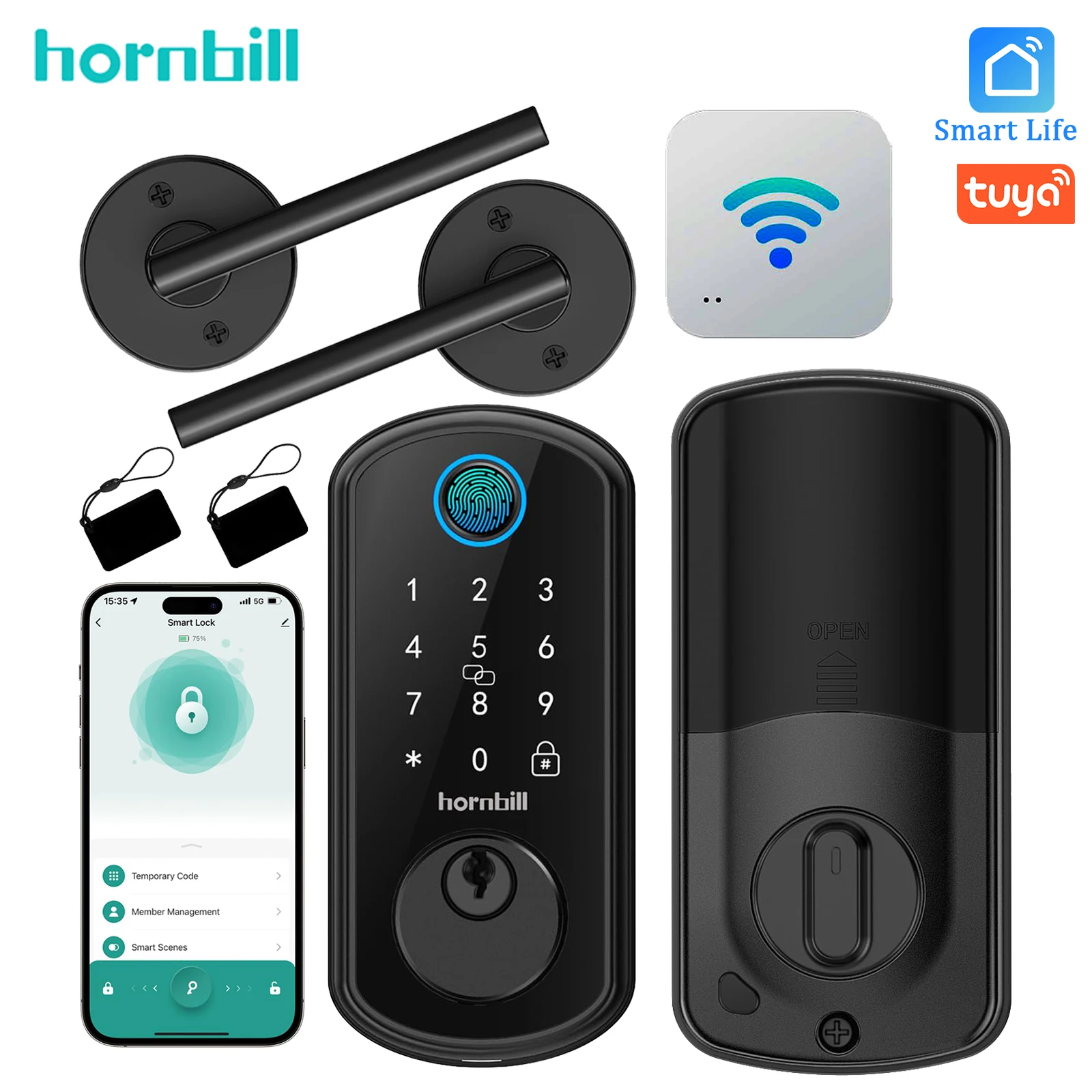 Hornbill WiFi Fingerprint Smart Door Lock Set With Handles G2 Hub Gateway, Keyless Entry Electronic Digital Front Deadbolt Locks