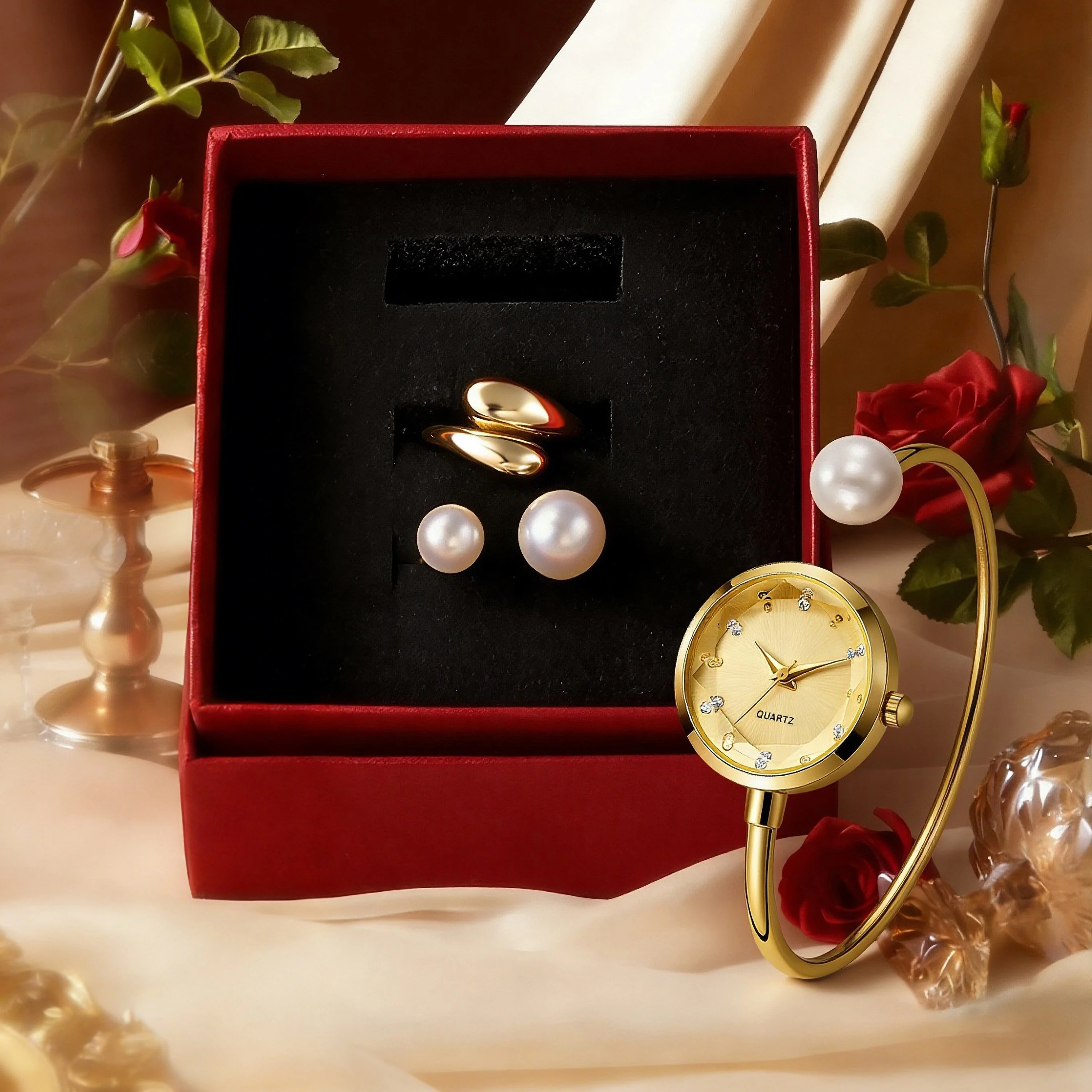 

Набор элитных золотых кварцевых часов с жемчугом 2026 для женщин: элегантные наручные часы-браслет с серьгами и кольцом, модный ювелирный подарок (Reloj Mujer)