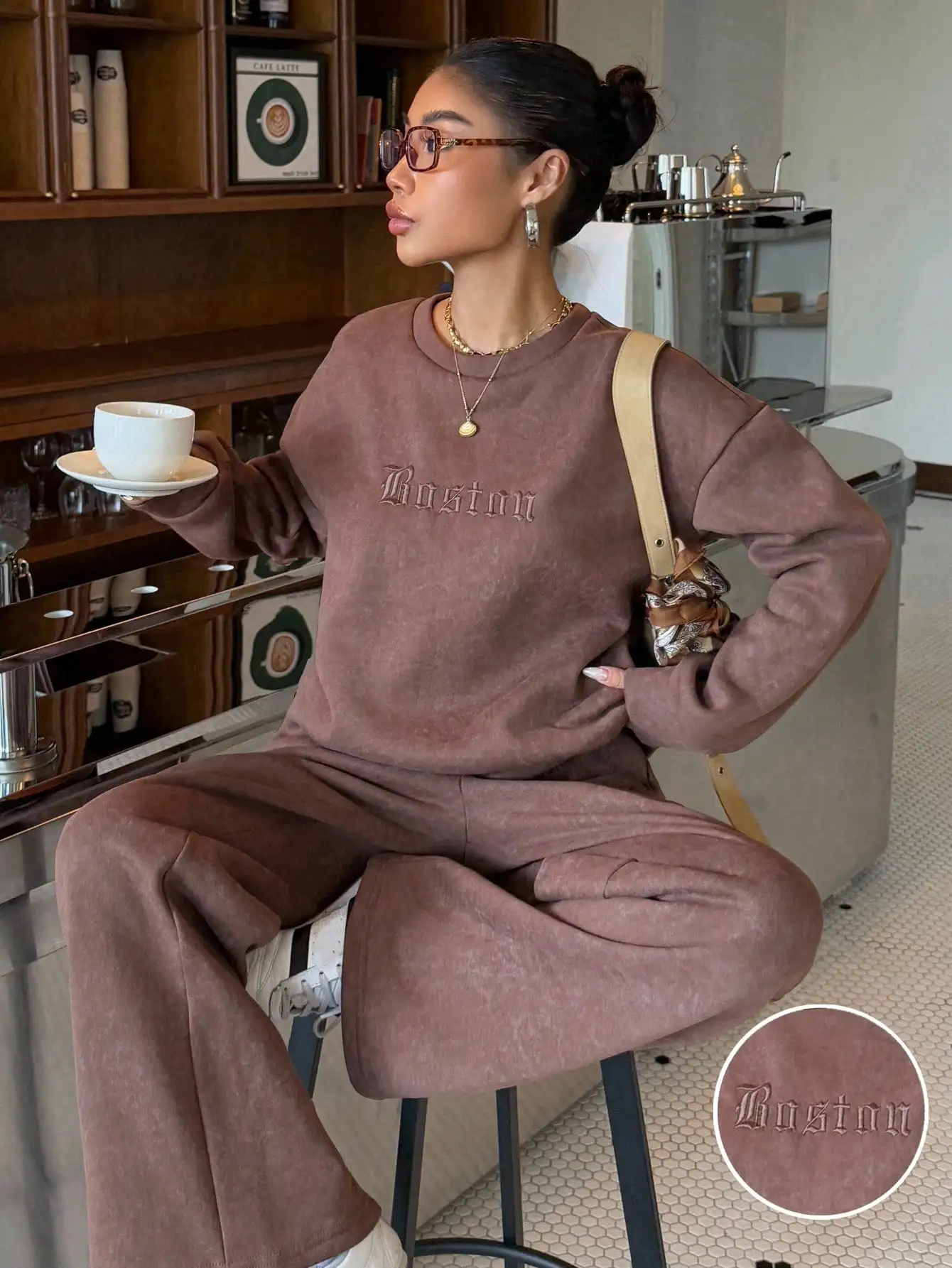 

Women's Vintage Boston Embroidered Loose Sweatshirt & Pants 2 Piece Set, Autumn Winter Comfortable Lounge Wear