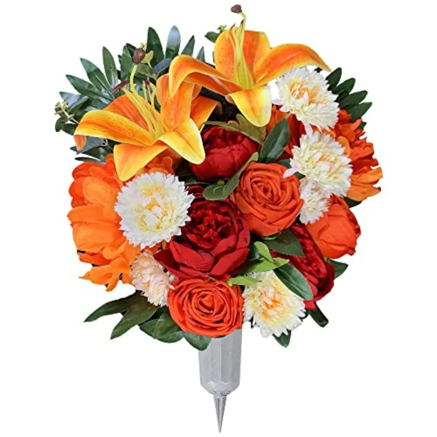 

Искусственный цветочный букет для кладбища с вазой для надгробия, для украшения могил на открытом воздухе, флористическая композиция: розы и белые цветы (размер M)